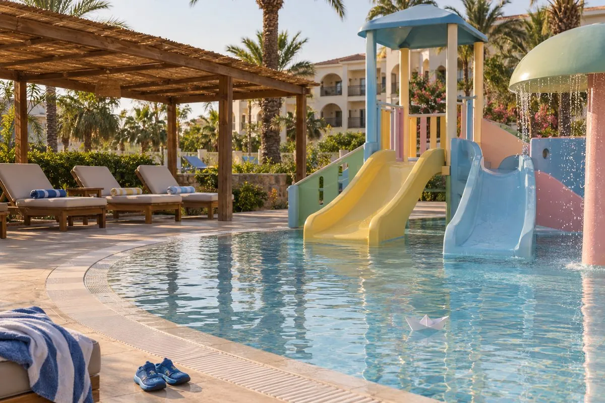 Мелкий детский бассейн с пологими горками пастельных цветов, навес с лежаками, детские аквашузы и бумажный кораблик на бортике, вдали пальмы и светлый корпус отеля